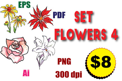 set flowers in Watercolor full color vector &amp; clipart EPS PDF PNG Ai