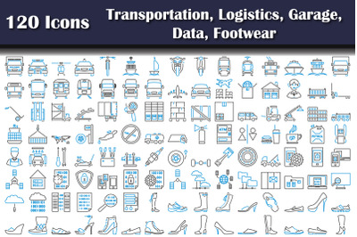 120 Icons Of Transportation, Logistics, Garage, Data, Footwear