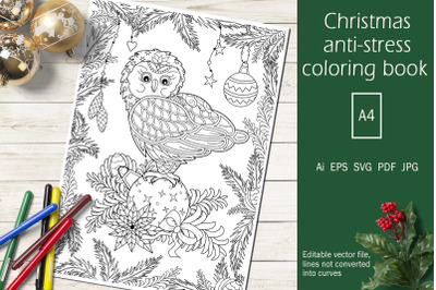 Christmas anti-stress coloring book for adults and children. Owl