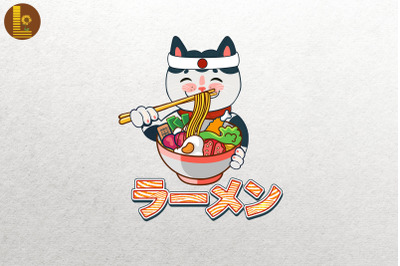 Cute Otaku Cat Eating Ramen Noodle