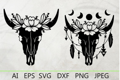 Cow skull feathers svg, Cow boho skull with flowers svg files