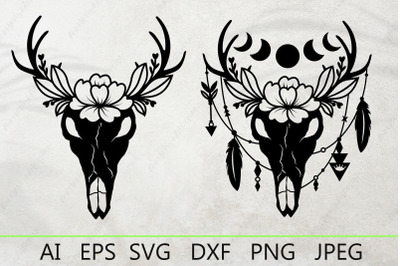 Deer skull with feathers and flower svg&2C; Boho skull clipart