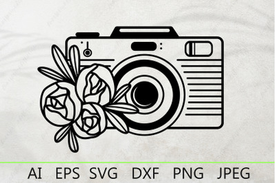 Photo camera with flowers silhouette, Floral camera svg