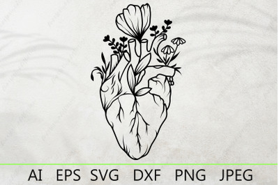 Human heart with flowers&2C; Floral anatomical heart svg