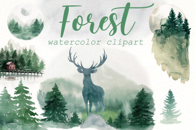 Landscape watercolor clipart, forest, woodland, deer png.
