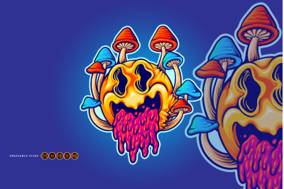 Scary psychedelic mushrooms cartoon colorful illustrations