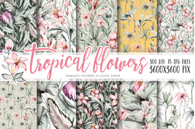 Watercolor tropical flowers patterns Digital tropical pattern