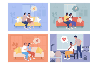 Reassuring during panic episode color vector illustration set