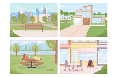 Public areas in city for relaxation color vector illustration set