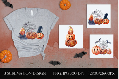 Spooky pumpkins Halloween PNG Clipart Bundle. Boo watercolor compositi
