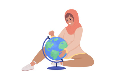 Excited girl studying Earth globe color vector character