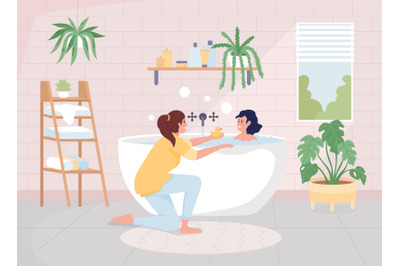 Mother bathing her daughter color vector illustration