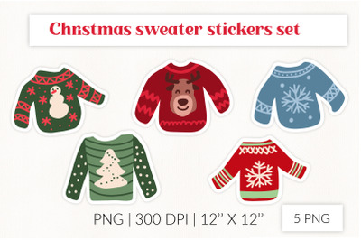 Christmas sweater Stickers Set. Ugly Christmas PNG stickers