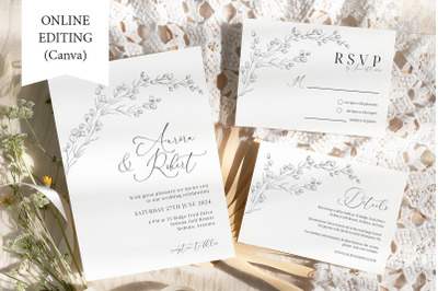 Minimalist Wedding Invitation Template  Details RSVP Canva Line Floral