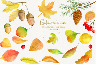 Watercolor gold autumn clipart