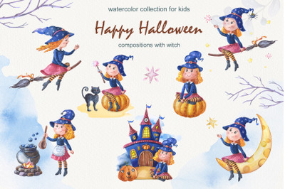 Happy Halloween Watercolor Witches compositions
