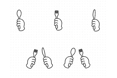 Hand holding a spoon, fork, and knife SVG