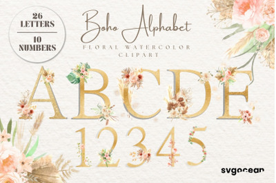 Boho Floral Alphabet Watercolor Clipart Bundle