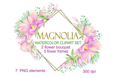Magnolia clipart watercolor Floral , gold frames, set of pink magnolia