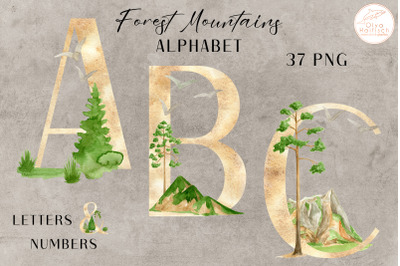Woodland Alphabet Clipart. Forest Mountains Letters and Numbers PNG