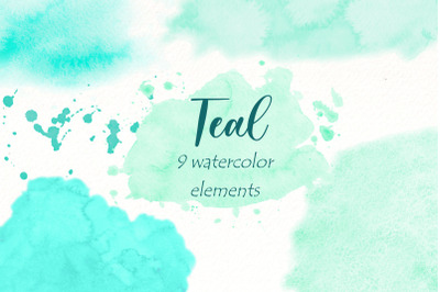 Teal splashes watercolor clipart, Watercolor brush strokes.