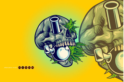 Stone skull with kush glass bong weed illustrations