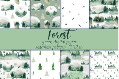 Forest digital paper pack, Watercolor Landscape pattern