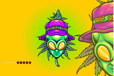 Summer alien head with cannabis weed leaf plant illustrations