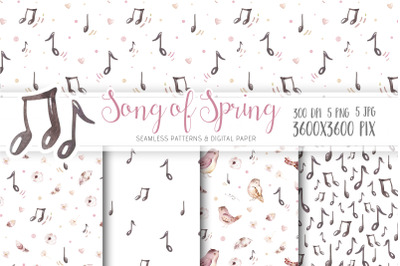 Watercolor cute musical spring pattern, scrapbook digital paper
