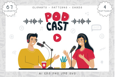 Podcast cartoon cliparts &amp; patterns