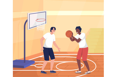 High school students playing basketball color vector illustration