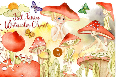 Watercolor Fairies mushroom clipart. Cute illustration