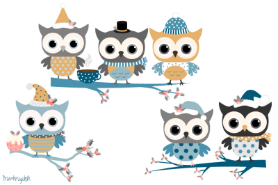 Winter owls clip art set, Holiday owl in blue colors,  Cute Christmas owls clipart, Winter bird
