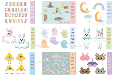 Bundle of children&#039;s clip art and stickers, boho characters