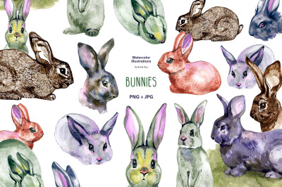 10 watercolor &amp; ink bunnies png clipart