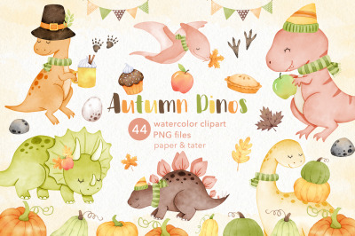 Watercolor Autumn Dinosaur Clipart, Thanksgiving Baby Dino PNG