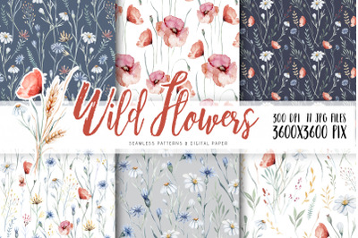 Watercolor wild flowers seamless patterns set