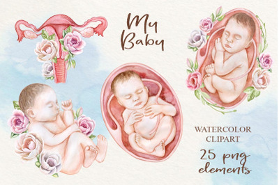 Fetus watercolor newborn baby clipart placenta flowers
