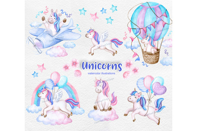 Unicorn Party Watercolor clipart, rainbow clip art