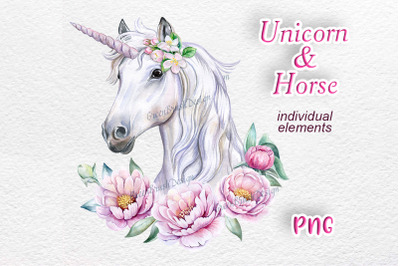 Unicorn face with flowers roses frame. Watercolor