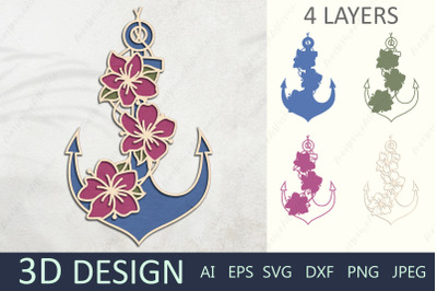 Anchor 3d layered svg, Flower anchor paper cut, Nautical design