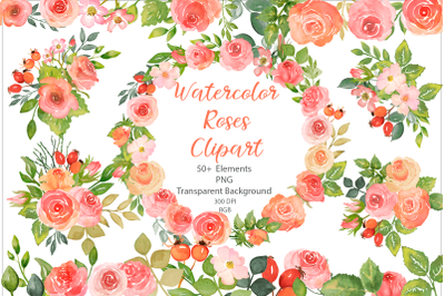 Watercolor Floral Clipart, Roses And Leaves PNG Bundle