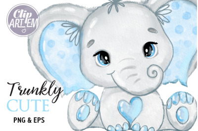 Cute Blush Blue Elephant Baby Watercolor PNG, EPS Clip Art