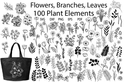 Flowers And Leaves Svg Bundle, Botanical Clipart, Wildflower
