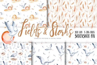 Watercolor fields seamless patterns set. Stork, ears, newborn