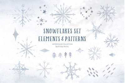 Watercolor snowfakes clipart set. Snowflakes elements PNG and patterns