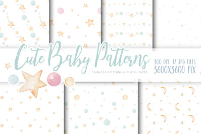 Watercolor baby nursery scrapbooking paper set stars and dots patterns