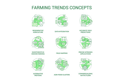 Farming trends green concept icons set