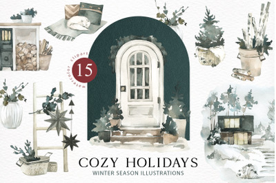 COZY WINTER HOLIDAYS SET. Watercolor Christmas PNG clipart