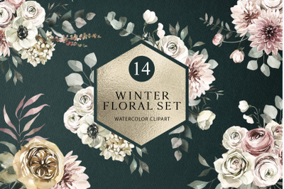 Winter Rich Floral Frames and Bouquets set. Watercolor PNG